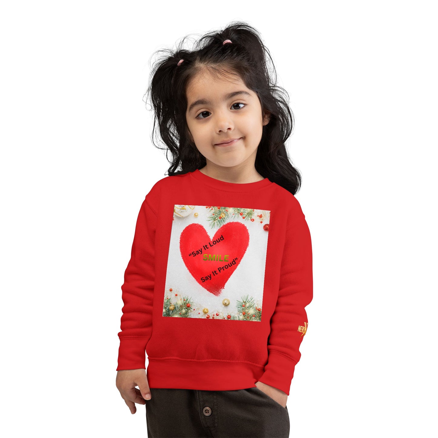 Toddler Sweatshirt – Red Heart “Say It Loud, Smile Say It Proud” Holiday Pullover