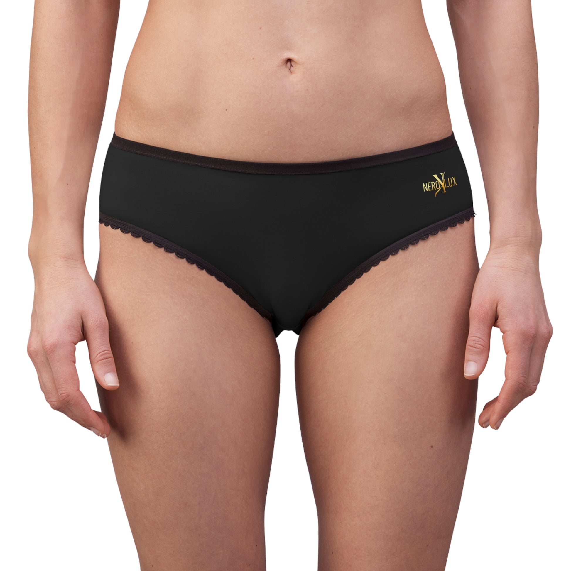 Black underwear with lace trim featuring a brand logo on a white background