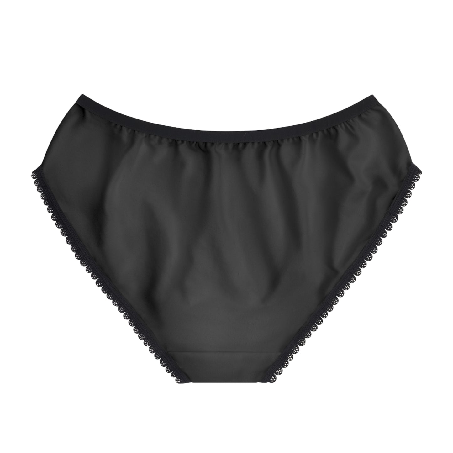 Black high-waisted bikini bottom with lace trim on a white background